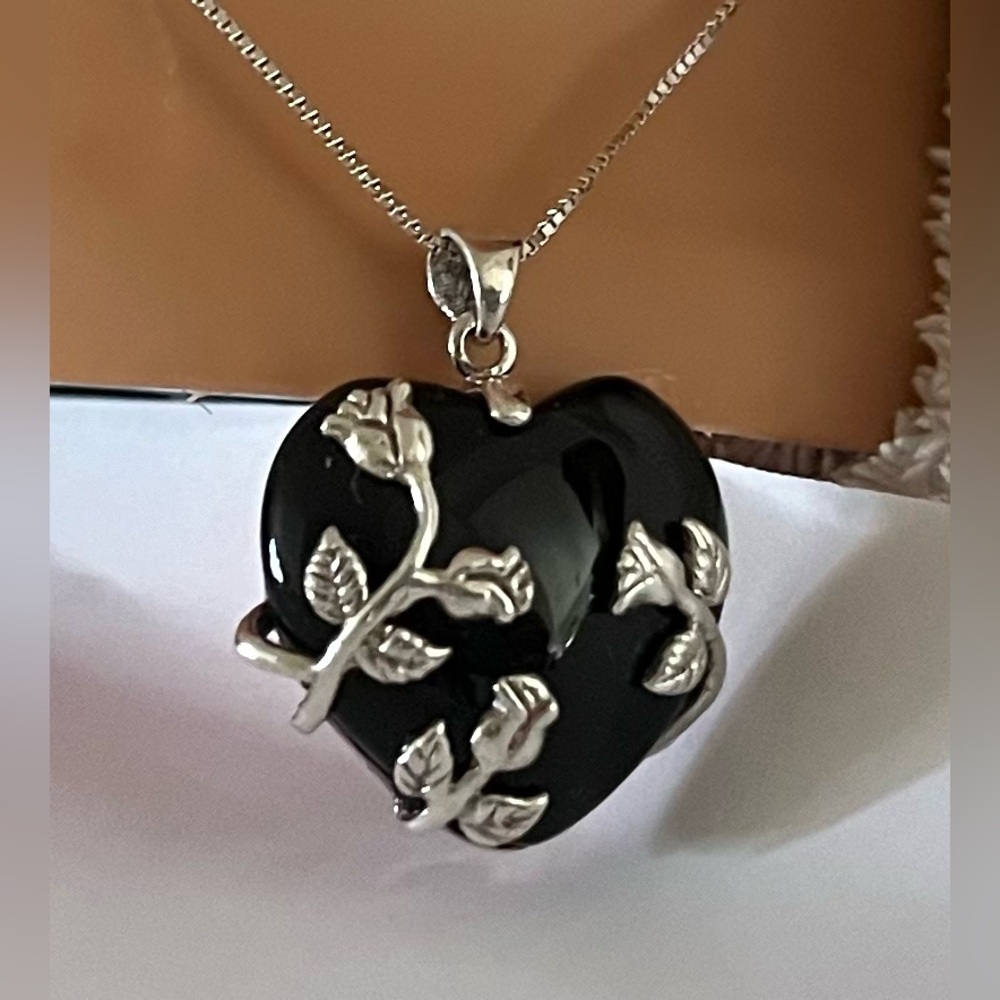 925 (EUC) onyx pierced earrings pendant 20” necklace set signed  vintage jewelry - Picture 7 of 17